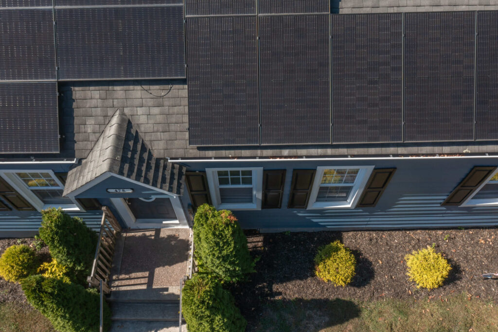 Aerial of new roof with solar panels